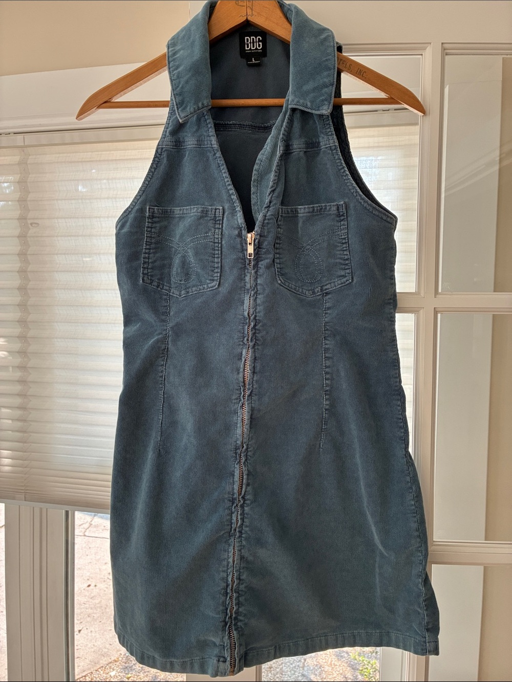 BDG Teal Corduroy Zip-Front Dress with Chest Pockets